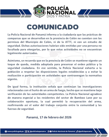 Policía advierte que comparsas en Colón no cuentan con permisos y recuerda vigencia del toque de queda