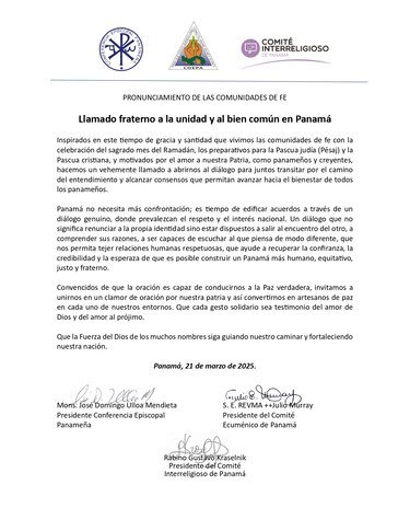 Líderes religiosos llaman al diálogo y rechazan la confrontación en Panamá