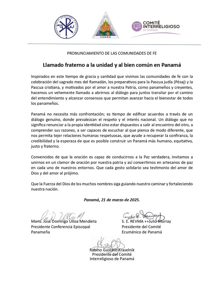 Líderes religiosos llaman al diálogo y rechazan la confrontación en Panamá
