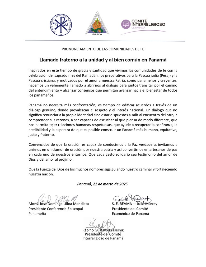 Líderes religiosos llaman al diálogo y rechazan la confrontación en Panamá