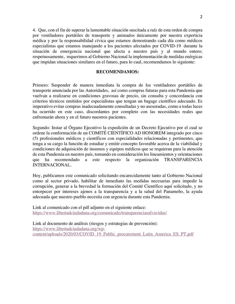 Piden al Ejecutivo crear comité científico que evalúe la adquisición de insumos y equipos para enfrentar el Covid-19