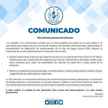 CSS dice que continuará con el proceso de licitación de medicamentos
