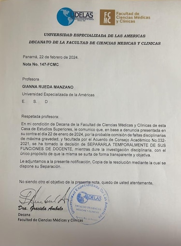 Gianna Rueda es separada temporalmente del cargo e inhabilitada para ejercer la docencia en Udelas