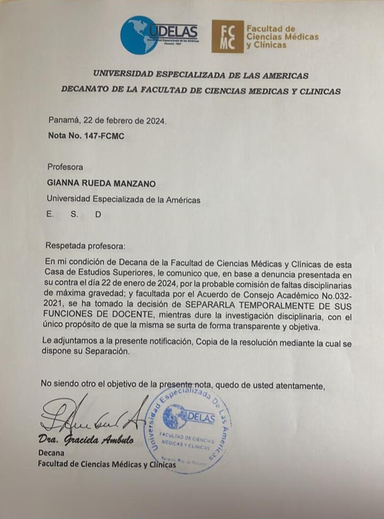Gianna Rueda es separada temporalmente del cargo e inhabilitada para ejercer la docencia en Udelas
