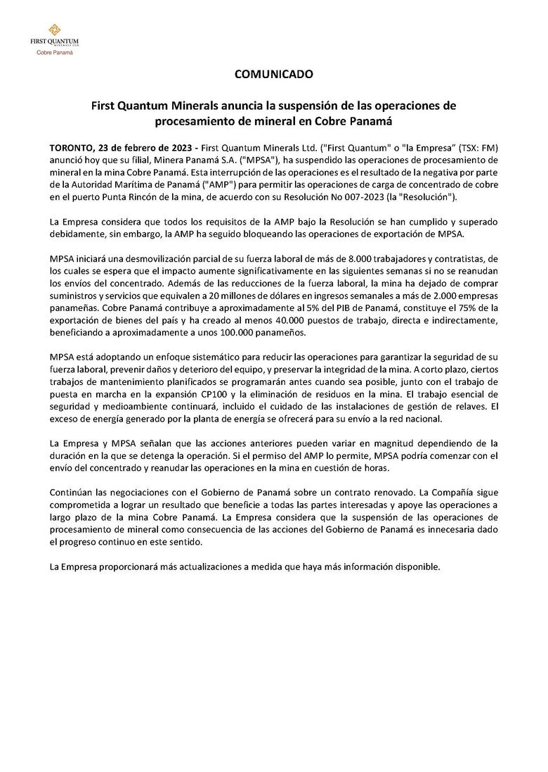 El Mici pide a First Quantum abstenerse de crear ‘desasosiego e incertidumbre’; la mina sigue cerrada y sin contrato