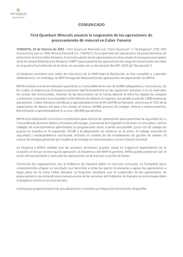 El Mici pide a First Quantum abstenerse de crear ‘desasosiego e incertidumbre’; la mina sigue cerrada y sin contrato
