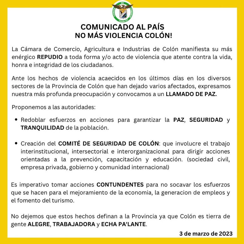 Cámara de Comercio pide ‘acciones contundentes’ en materia de seguridad en Colón