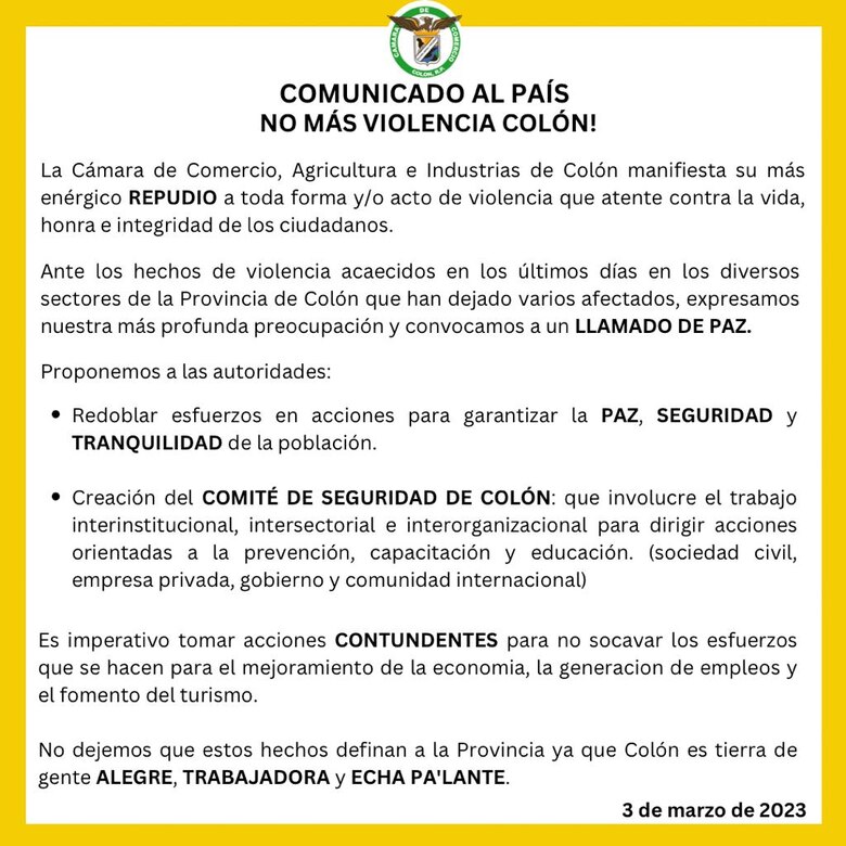 Cámara de Comercio pide ‘acciones contundentes’ en materia de seguridad en Colón