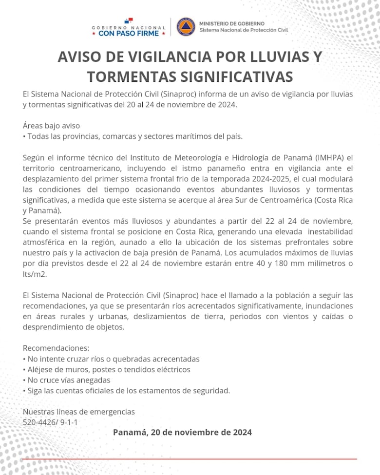 Sinaproc emite alerta por lluvias y tormentas hasta el 24 de noviembre