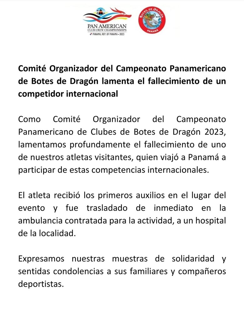 Fallece competidor internacional que participaba en el campeonato de Clubes de Botes de Dragón