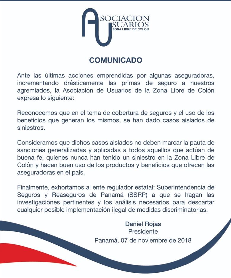Asociación de Usuarios de la Zona Libre de Colón se pronuncia tras aumento de primas de seguro