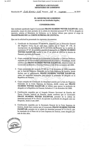 Ministerio de Gobierno certifica que Franz Wever es idóneo para ser magistrado