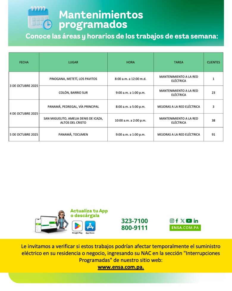 ENSA informa los mantenimientos programados del 30 de septiembre al 5 de octubre de 2025
