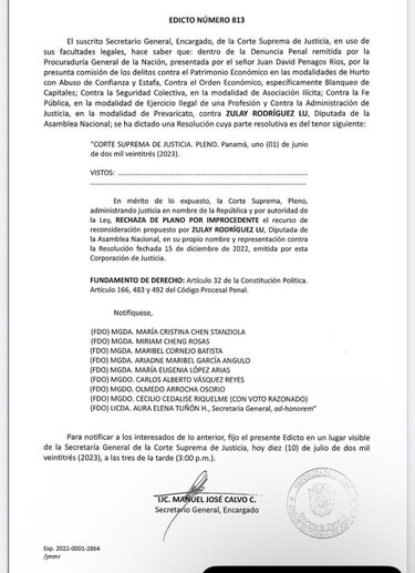Corte Suprema rechaza reconsideración de Zulay Rodríguez y mantiene el proceso por la pérdida de las láminas de oro