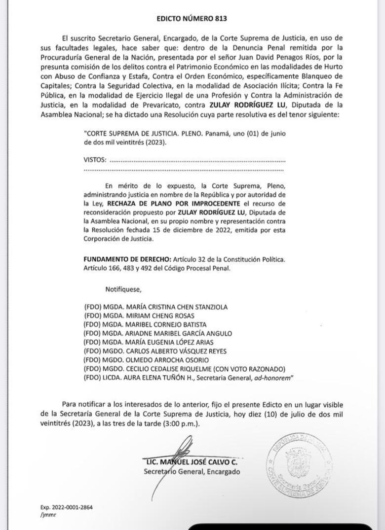 Corte Suprema rechaza reconsideración de Zulay Rodríguez y mantiene el proceso por la pérdida de las láminas de oro