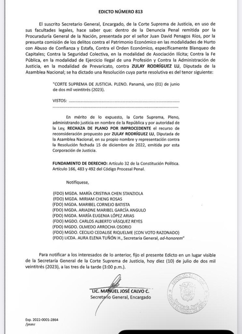 Corte Suprema rechaza reconsideración de Zulay Rodríguez y mantiene el proceso por la pérdida de las láminas de oro