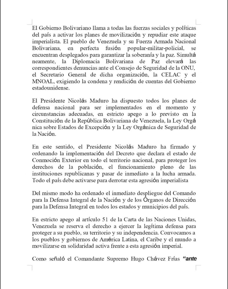 Venezuela denuncia agresión de Estados Unidos y declara estado de conmoción exterior