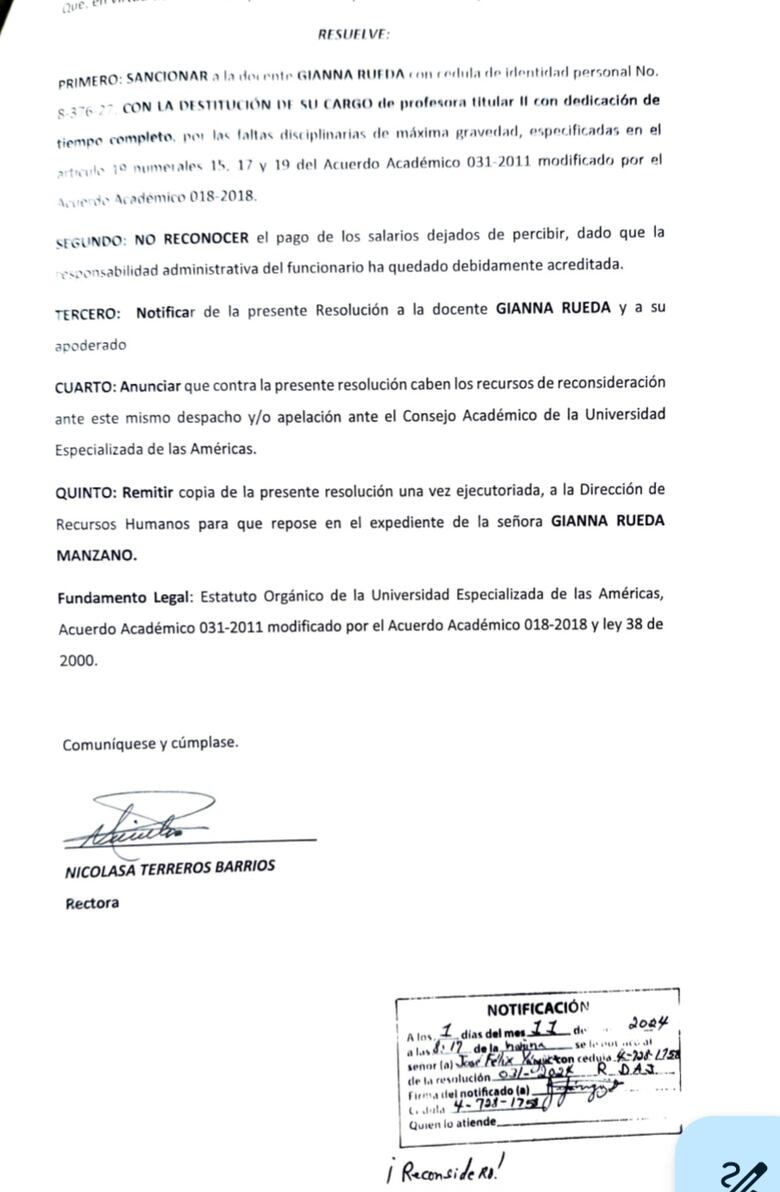 Udelas destituye a Gianna Rueda por supuestas faltas disciplinarias