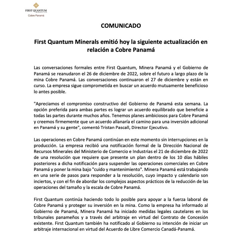 Minera Panamá espera llegar a un ‘acuerdo equilibrado’ con el Gobierno, siguen las negociaciones