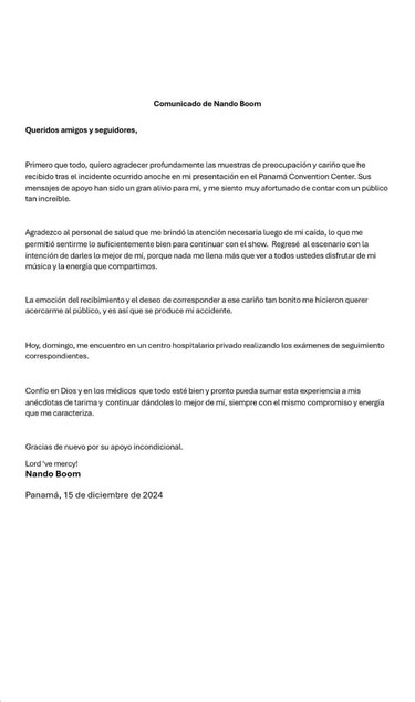 Nando Boom hospitalizado tras caída en presentación: ‘Confío en Dios y en los médicos’