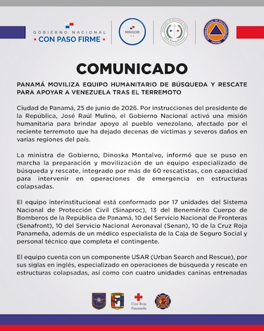 Terremotos en Venezuela: Panamá activará misión de 61 especialistas en búsqueda y rescate