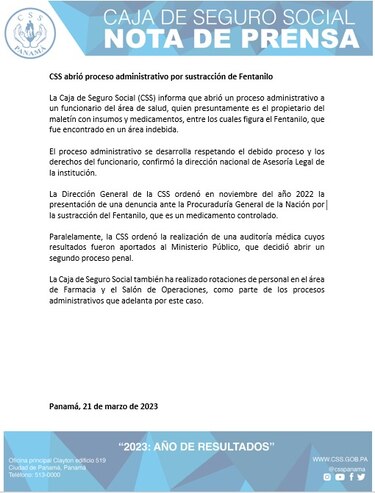CSS abrió un proceso administrativo contra funcionario por hurto de fentanilo