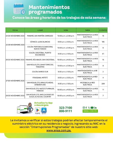 ENSA informa los mantenimientos programados del 24 al 29 de noviembre de 2025