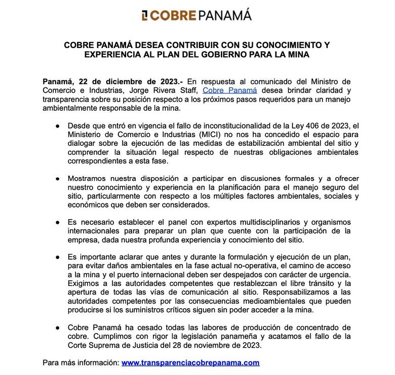 Cobre Panamá pide ser incluido en las discusiones para el manejo seguro de la mina