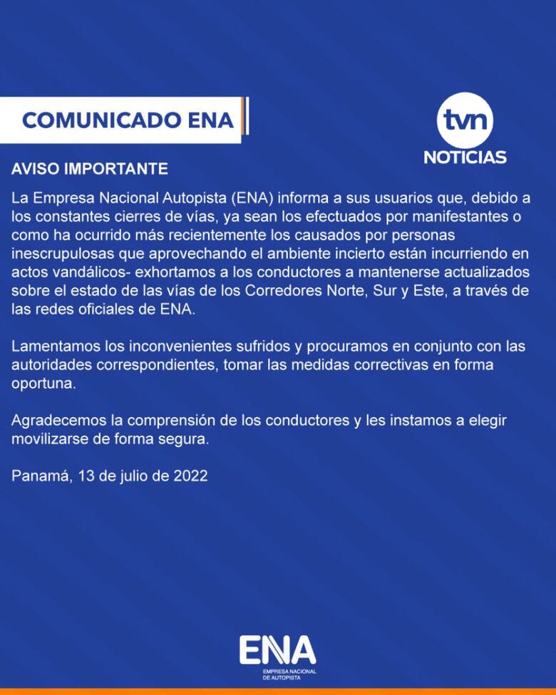 Siguen los cierres de vías a nivel nacional; ENA reporta vandalismo
