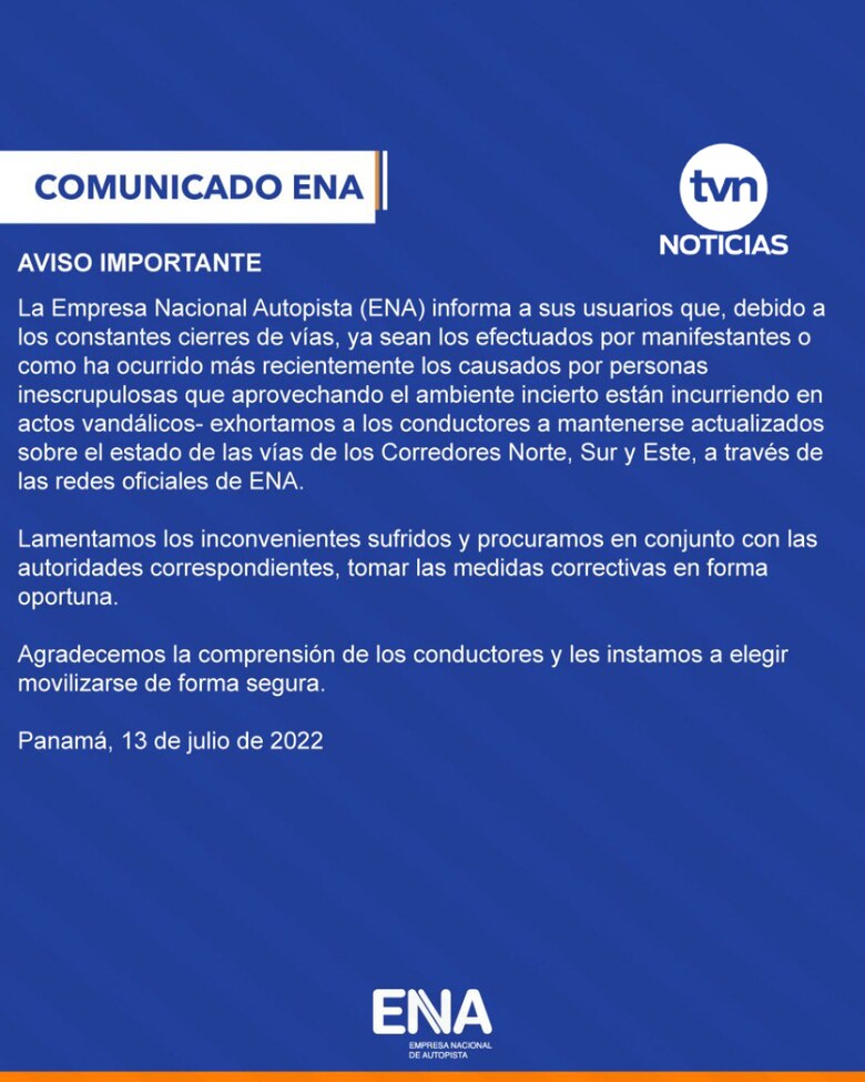Siguen los cierres de vías a nivel nacional; ENA reporta vandalismo
