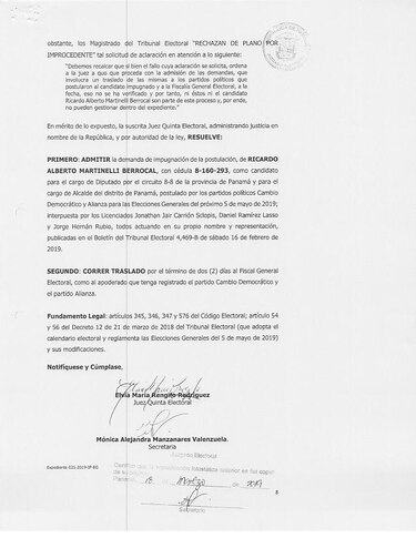 Jueza electoral acoge impugnación a candidaturas de Ricardo Martinelli