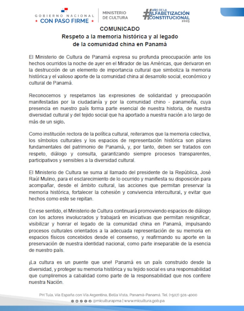 Gobierno de Panamá ordena la inmediata restauración del monumento chino en el mismo sitio, en el Mirador del Puente de las Américas