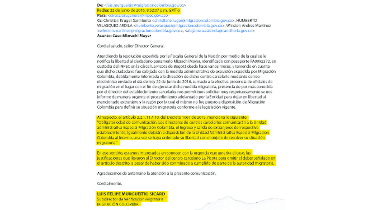 Carta enviada por el subdirector de Migración Colombia al director del Inpec. Cortesía