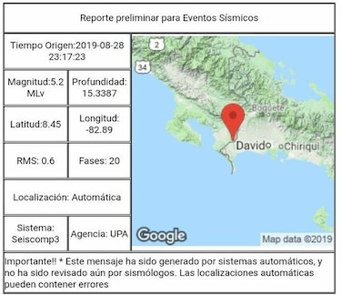 Se registra sismo de 5.2 grados en la provincia de Chiriquí