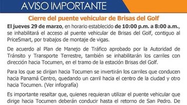 Anuncian cierre del puente vehicular de Brisas del Golf