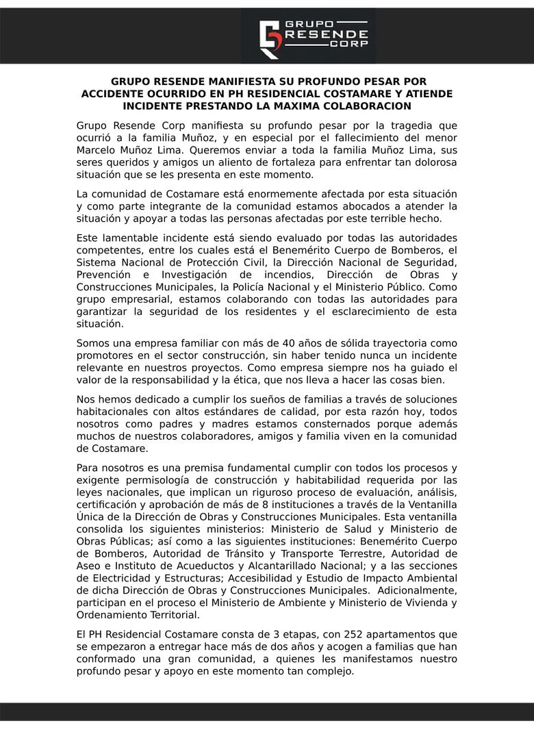 Se pronuncia constructora del proyecto P.H. Costa Mare tras la tragedia