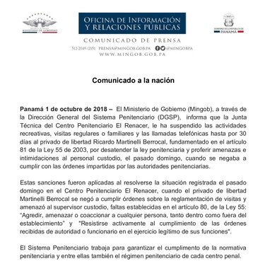 Suspenden por 30 días visitas al expresidente Martinelli