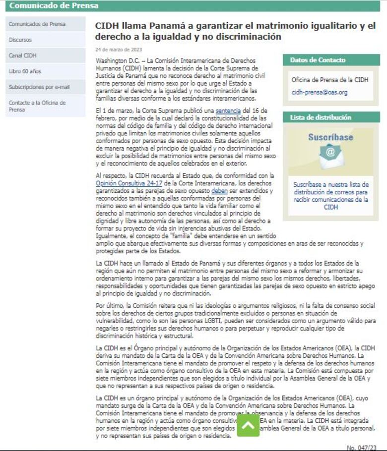 CIDH urge a Panamá a garantizar el matrimonio igualitario y el derecho a la igualdad