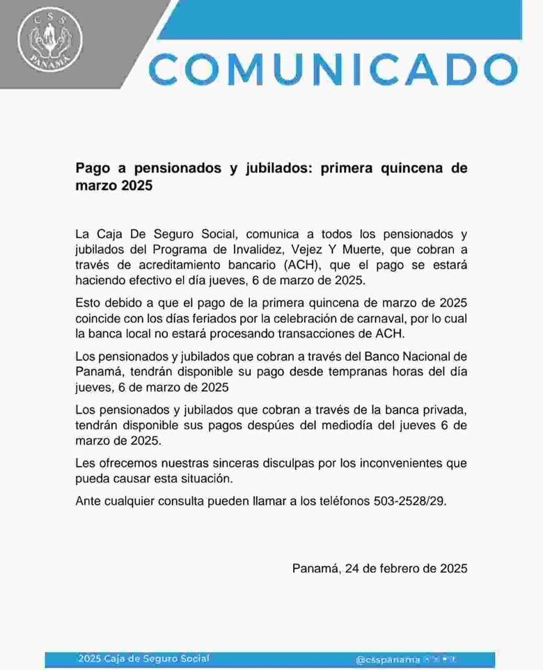 Jubilados y pensionados de la Caja del Seguro Social cobrarán luego de carnavales