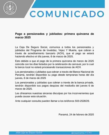 Jubilados y pensionados de la Caja del Seguro Social cobrarán luego de carnavales