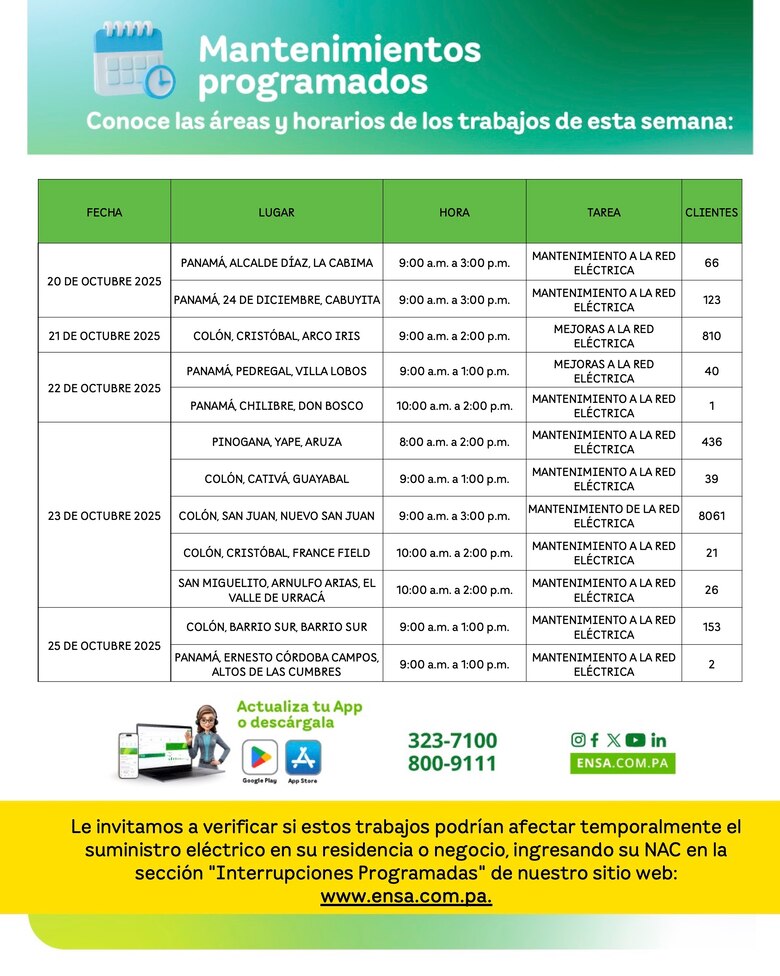ENSA informa los mantenimientos programados del 20 al 25 de octubre de 2025