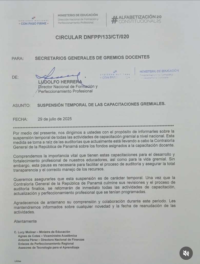 Capacitación docente en Panamá se congela por auditoría de fondos del Meduca