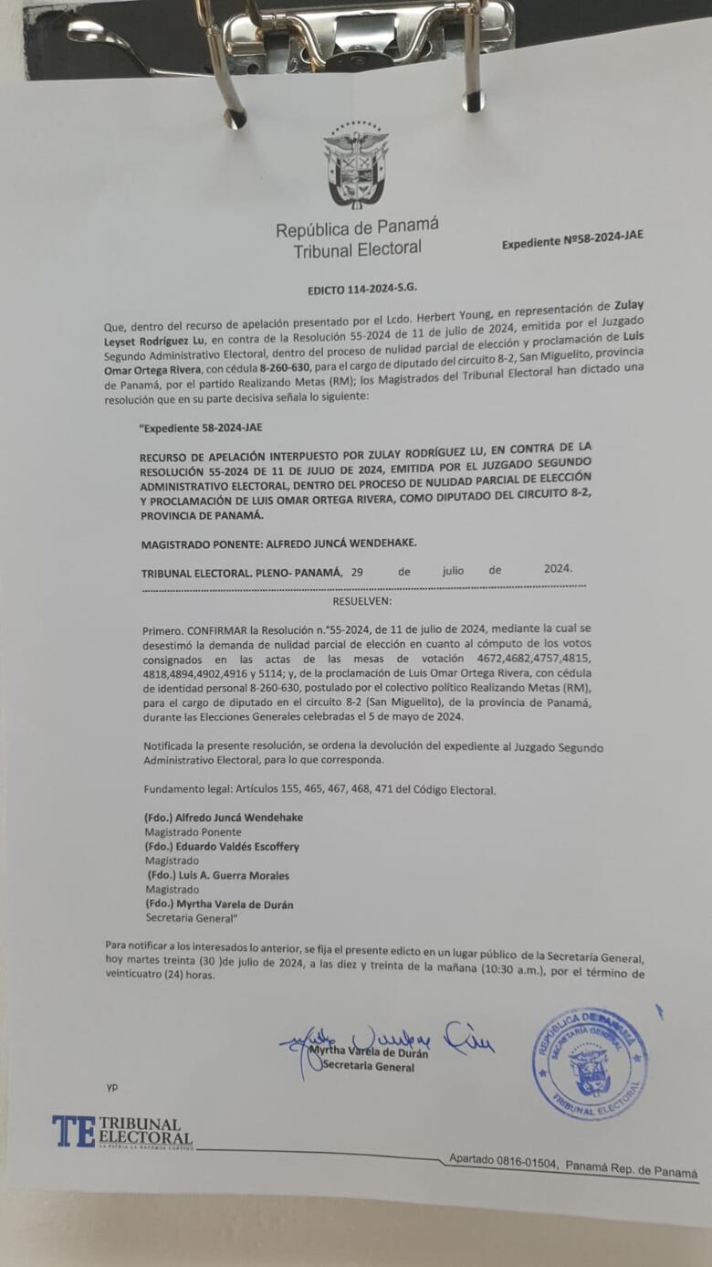 Es definitivo: Tribunal Electoral desestima apelación de Zulay Rodríguez y mantiene a Omar Ortega como diputado de San Miguelito