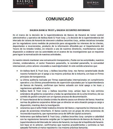 Superintendencias de Bancos y de Valores toman el control de Balboa Bank