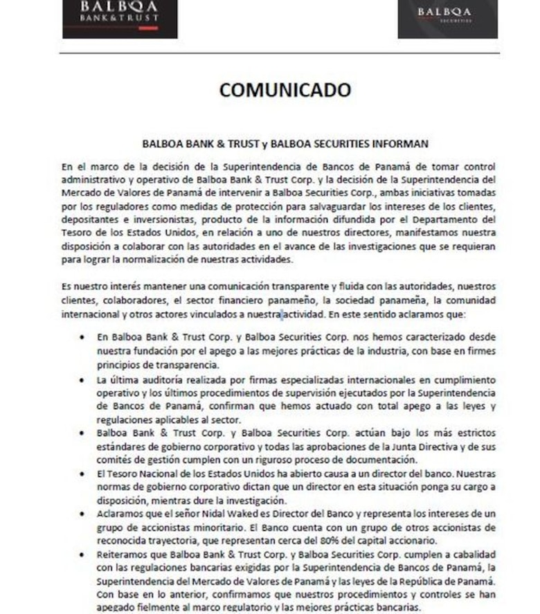 Superintendencias de Bancos y de Valores toman el control de Balboa Bank