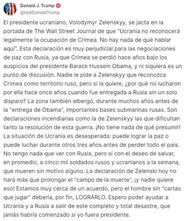 Trump critica a Zelenski por su negativa de no reconocer la anexión de Crimea a Rusia