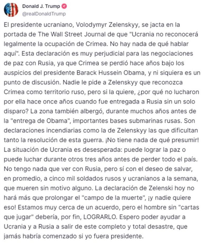 Trump critica a Zelenski por su negativa de no reconocer la anexión de Crimea a Rusia