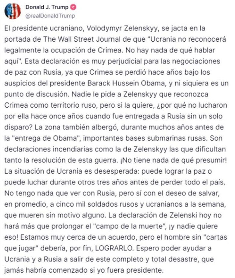Trump critica a Zelenski por su negativa de no reconocer la anexión de Crimea a Rusia