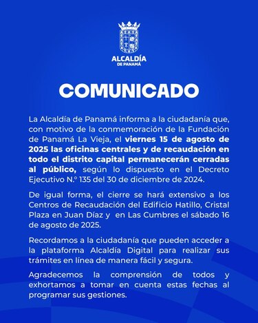 Cierre de oficinas públicas en Panamá este 15 de agosto de 2025 por fundación de Panamá Viejo