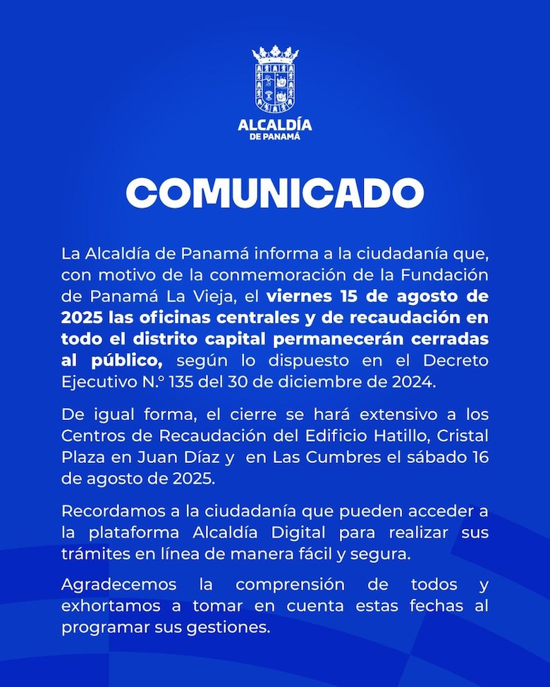 Cierre de oficinas públicas en Panamá este 15 de agosto de 2025 por fundación de Panamá Viejo